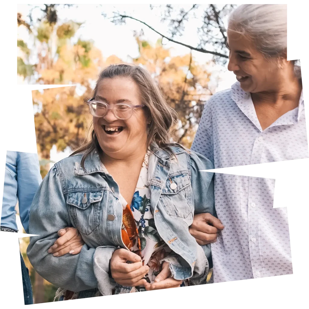 Disabled woman laughing with two friends